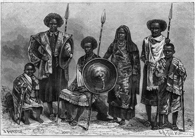 Human Zoo: grupp av Assabais, en stam av Etiopien, då italiensk koloni. Utställd i Turin som en del av 1884 års nationella utställning. Gravyr i "" Naturen. Granskning av vetenskap och dess tillämpningar på konst och industri. 1884 av Unknown artist