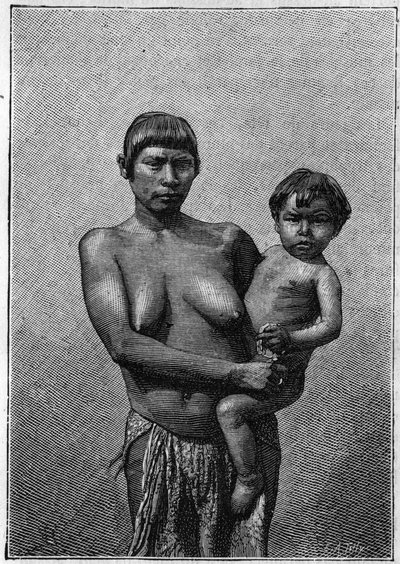 Human Zoo: ung Galibi-kvinna (indianer) och hennes barn på Jardin d