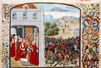 Hundraåriga krig: ”” Påven Gregoire XI (1329-1378) krönte Avignon 1370. Slaget vid Pontvallain mellan franska och engelska den 4/12/1370”” Miniatyr från ”Chronicles”” av Jean Froissart (1337-1400) 1400-talets Paris. B.N. av Unknown artist