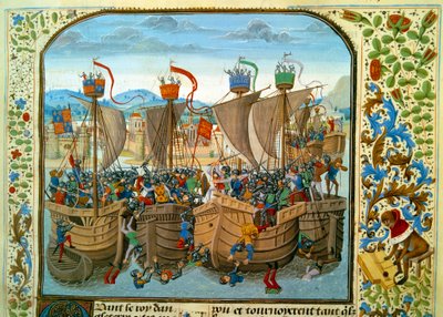 Hundraåriga kriget: "" Sjöslaget vid Ecluse, Sluis (Nederländerna) den 20/06/1340 som ställde fransmannen Philippe VI av Valois emot engelsmännen av Edward III"" Miniatyr tagen från "Chronicles"" av Jean Froissart (1337-1400) 1400-talet. Paris. B.N av Unknown artist