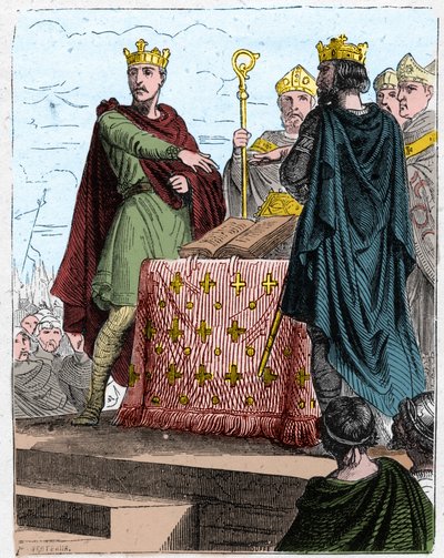 Hundraåriga krig: Behandlar Bretigny den 8 maj 1360, på slottet Bretigny (nära Chartres), mellan befullmäktigade för kung Edward III av England och de av Charles, son till kung John II av Frankrike. av Unknown artist