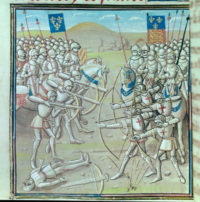 Hundraåriga kriget: slaget vid Crecy den 26/08/1346 mellan fransmän och engelsmän. Miniatyr från ett 1300-talsmanuskript Paris, Bibliotheque de l