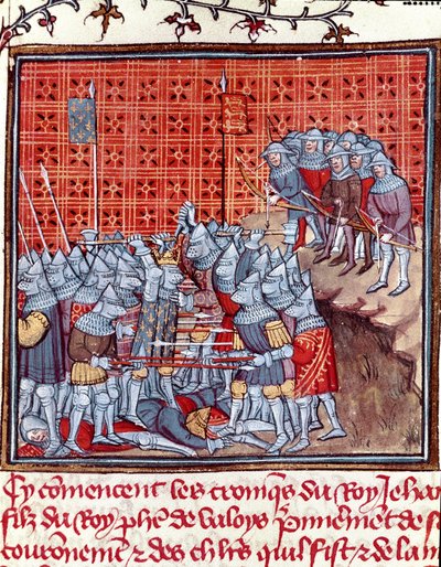 Hundraåriga krig: "" kungen av Frankrike Johannes II den gode (1319-1364) under en strid""" Miniatyr hämtad från "" Les grandes Chronicles de France""" av Jean Froissart (1337-1400) Chantilly från 1300-talet , Musee Conde av Unknown artist