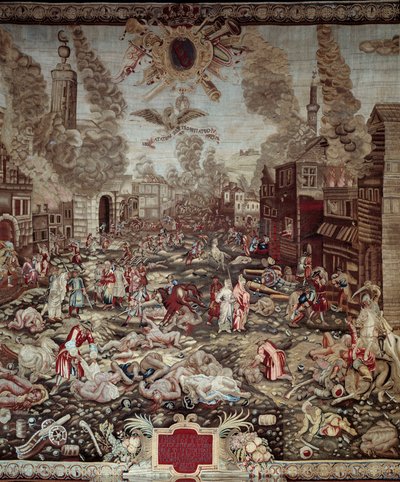 Ungerns erövring: ”” Österrikarna tar Buda tillbaka från de osmanska turkarna den 02/09/1686”” Buda är en del av dagens Budapest. Krigsherrarna är Karl V av Lorraine och Miksa Emanuel II. Våldsscener, husbränder. Detalj av en gobeläng. 17:e ce av Unknown artist