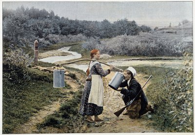 Jägare och flicka vid fontänen (Ryssland) - fotografi, sent 1800-tal av Unknown artist