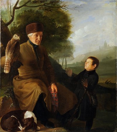 Jägare med falk. Porträtt av prins Platon Alexandrovich Zubov (1767-1822) och Ivan Andreevich Yakubovsky (1770-1864), Anonym. Olja på duk, slutet av 1810-talet, Statens museum för arkitektur, historia och konst, Vladimir av Unknown artist