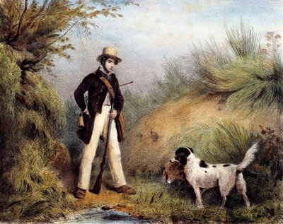 Jägare med sin hund. 1800-talstryck. Gien, jaktmuseum av Unknown artist