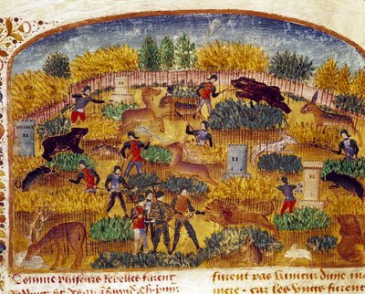 Jaktscenminiatyr hämtad från "" Boken med fakta om Alexander den store"" av Quintus Curtius Rufus (Quinte Curce) (1:a århundradet), omkring 1468. (Ms 1335) Reims. Kommunbiblioteket av Unknown artist