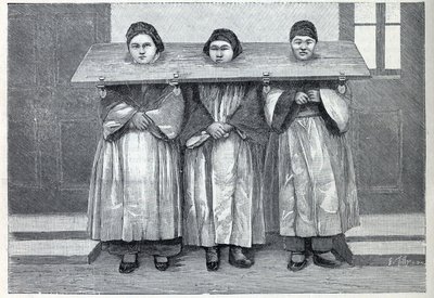 Jakt i Kina: cangue, en plågaapparat (en sorts pelare) gäller för barnmördande mödrar. Gravyr i "" La Nature"" av Unknown artist