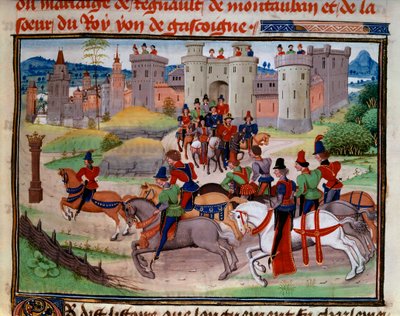 Jaktscen. Miniatyr från manuskriptet "Renaud de Montauban" eller "Les quatre fils Aymon" av Loyset Liedet (aktiv mellan 1448 och 1478). Ms. 5073. 1400-talets Bibliotheque de l