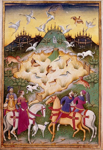 Jaktscen med hökar Miniatyr från "" Behandla falkejakt och venerier med hertigen av Sforzas motto och emblem" 1459 (ms. 1375) Chantilly, Musee Conde av Unknown artist