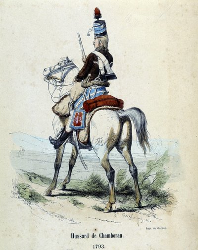 Hussard de Chamborant a 1793 till häst. av Unknown artist