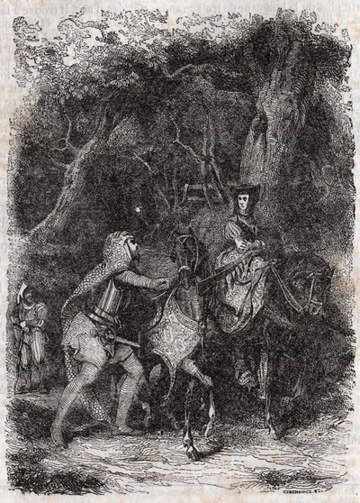 Hypalca Arreted by Rodomont - 1851 gravyr från "" Furious Roland"" (Orlando furioso) (1500-talet) av Ludovico Ariosto, känd som Ariosto - Upplaga översatt från italienska av greven av Tressan och publicerad av Gustave Harvard 1851 av Unknown artist