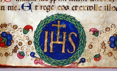IHS kristen symbol vars betydelse är Jesus. 1400-talsmanuskript. av Unknown artist