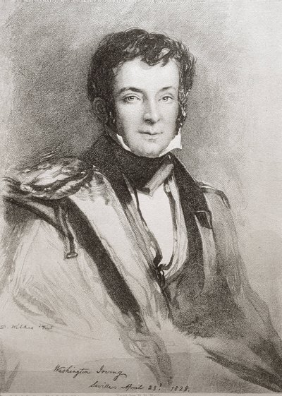 IRVING, Washington (1783-1859). Amerikansk romanförfattare och historiker. Porträtt utfört i Sevilla (1828). Litografi. av Unknown artist