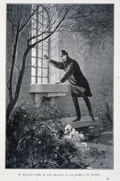 Jag gick i går kväll och kliade på fönstret, illustration i Conan Doyles "The Premiers Exploits of Sherlock Holmes". Sd. omkring 1890 av Unknown artist