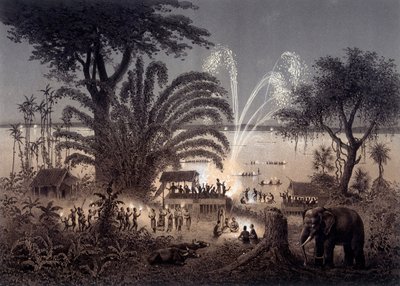 Belysning av floden under festivalen i Bassac, Siamese Laos. I "" Atlas över utforskningsresan i Indokina genomförd under åren 1866-1868"" publicerad under ledning av F. Garnier 1873. av Unknown artist
