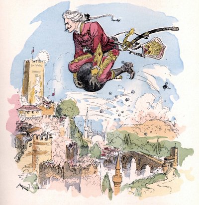 Illustration av Albert Robida i "Histoire et aventures du Baron de Munchausen (Munchhausen), H. Laurens Ed., sent 1800-tal." av Unknown artist