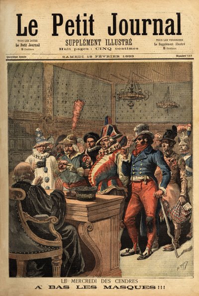 Illustration till askonsdagen, efter Mardi Gras-karnevalen, passerar festdräkterna framför domaren för att avslöja sig själva. Gravyr i "" Le petit journal"" 1893-02-18. Selvas samling. av Unknown artist