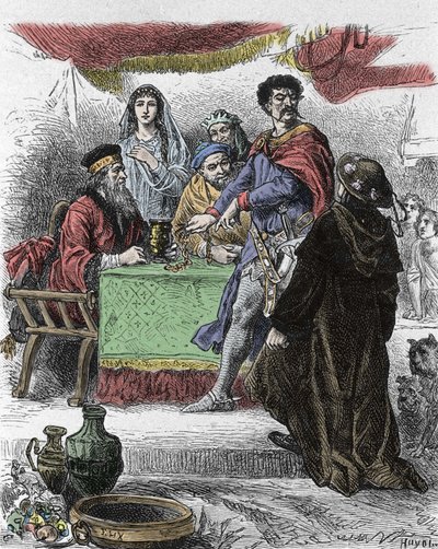 Illustration till "Ivanhoe" av Walter Scott (1771-1832), skotsk författare: Ivanhoe utmanas av den sachsiske riddaren Brian de Bois Guilbert. av Unknown artist