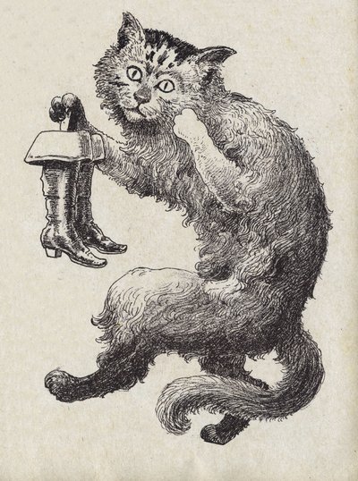 Illustration för "" Le chat Botte", berättelse av Charles Perrault (1628-1703), fransk författare. Anonym illustration. Bildmaterial Marcel Vagne, Jarville Nancy, odaterat (slutet av 1800-talet). av Unknown artist