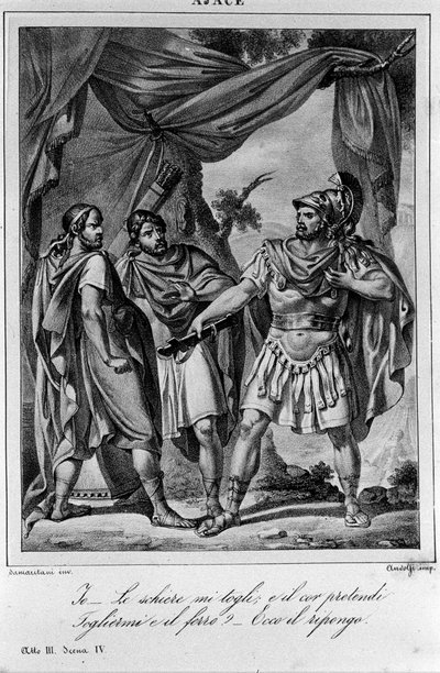 Illustration för scen 3 i akt IV av "" Ajax"" (Aiace) av den italienske poeten och dramatikern Ugo Foscolo (1778-1827) 1800-talet av Unknown artist