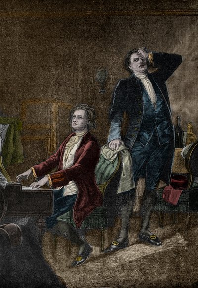 Illustration från dramat "" Mozart och Salieri""", av Alexander Pushkin, skriven 1830 - Antonio Salieri avundsjuk av Wolfgang Amadeus Mozart av Unknown artist