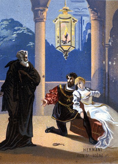 Illustration av "Ernani" av den italienske kompositören Giuseppe Verdi (1813 - 1901), akt V, scen 6, opera skapad 1844 efter Victor Hugos tragedi "Hernani". kromolitografi från slutet av 1800-talet.. av Unknown artist