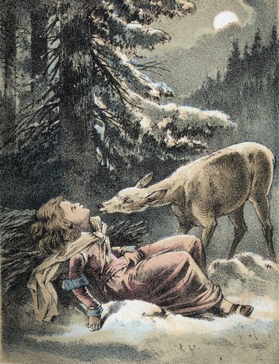 Illustration av Franz Hoffmanns berättelser "" Sagor och fabler - Von Weifsh¿ndchen und breitf¿fschen"": en flicka svimmade i snön och ett rådjur. Kromolitografi av 1800-talet. av Unknown artist