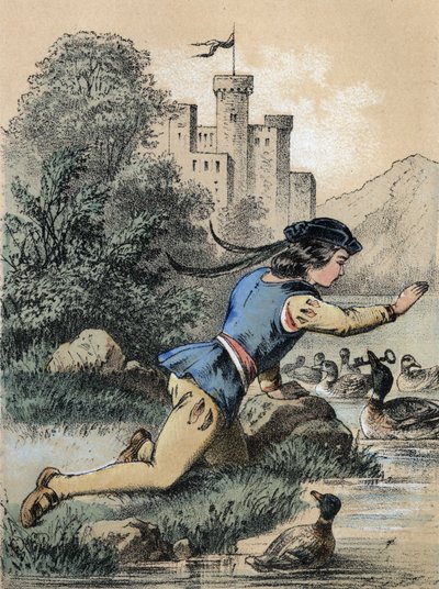 Illustration av Franz Hoffmanns berättelser "" Tales et Fables - Les 3 princes"": En prins som tar emot en nyckel från en anka. Kromolitografi av 1800-talet. av Unknown artist