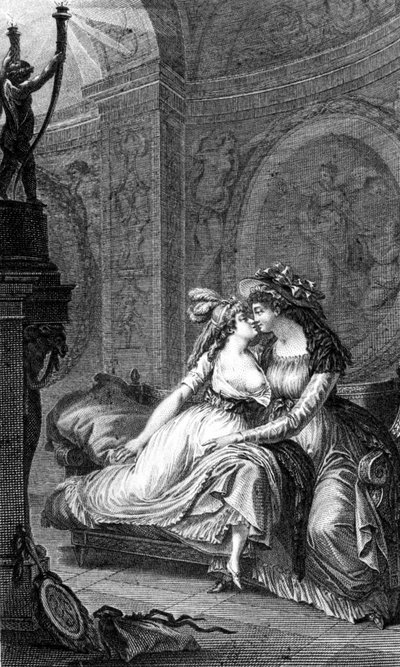 Illustration av "De farliga länkarna" av Choderlos de Laclos (1741 - 1803): scen för frigörelse mellan två kvinnor. av Unknown artist