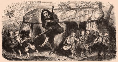 Illustration av en legend efter bretonska traditioner: den laotiska säckpipsspelaren och troll som dansar framför en dolmen av Unknown