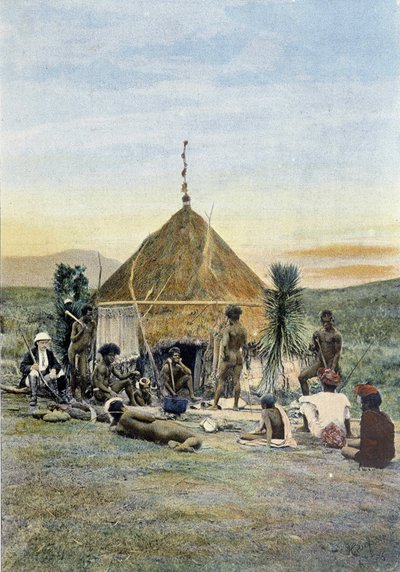 Illustration av ett telegrafiskt läger nära Uarai i Nya Kaledonien. av Unknown artist
