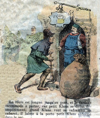 Illustration av slutet av 1800-talet för berättelsen av Hans Christian Andersen (1805-1875) "Store Claus och Lille Claus" (Klaus). Privat samling. av Unknown artist