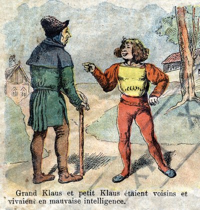 Illustration av slutet av 1800-talet för berättelsen av Hans Christian Andersen (1805-1875) "Store Claus och Lille Claus" (Klaus). Privat samling. av Unknown artist