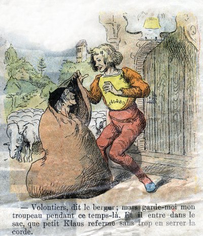 Illustration av slutet av 1800-talet för berättelsen av Hans Christian Andersen (1805-1875) "Store Claus och Lille Claus" (Klaus). Privat samling. av Unknown artist