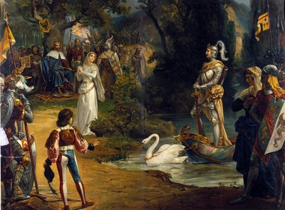 Illustration av operan "" Lohengrin"" av den tyske kompositören Richard Wagner (1813-1883). Kromolitografi av Unknown artist
