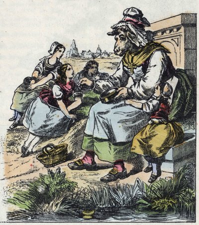 Illustration av berättelsen "God mamma får"". I "" Sagor från hemmet för de minsta"". Anonym gravyr från 1800-talet. av Unknown artist