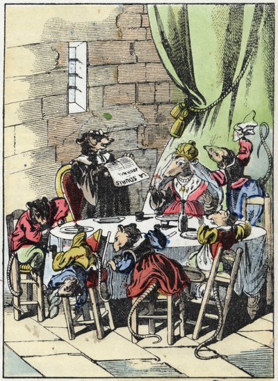 Illustration av berättelsen "Den fruktansvärda Raminagrobis och mössen""" karaktär ritar fabler av Jean de la Fontaine. I "" Sagor från hemmet för de minsta"". Anonym gravyr från 1800-talet. av Unknown artist