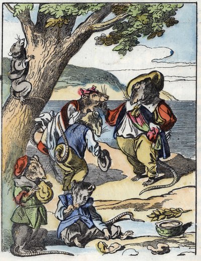 Illustration av berättelsen "Den fruktansvärda Raminagrobis och mössen""" karaktär ritar fabler av Jean de la Fontaine. I "" Sagor från hemmet för de minsta"". Anonym gravyr från 1800-talet. av Unknown artist