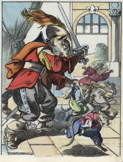 Illustration av berättelsen "Den fruktansvärda Raminagrobis och mössen""" karaktär ritar fabler av Jean de la Fontaine. I "" Sagor från hemmet för de minsta"". Anonym gravyr från 1800-talet. av Unknown artist