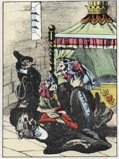 Illustration av berättelsen "Den fruktansvärda Raminagrobis och mössen""" karaktär ritar fabler av Jean de la Fontaine. I "" Sagor från hemmet för de minsta"". Anonym gravyr från 1800-talet. av Unknown artist