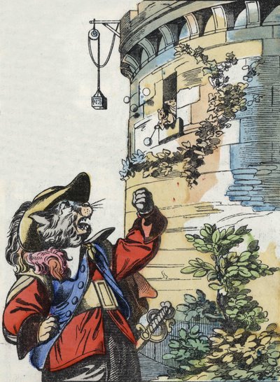 Illustration av berättelsen "Den fruktansvärda Raminagrobis och mössen""" karaktär ritar fabler av Jean de la Fontaine. I "" Sagor från hemmet för de minsta"". Anonym gravyr från 1800-talet. av Unknown artist