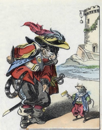 Illustration av berättelsen "Den fruktansvärda Raminagrobis och mössen""" karaktär ritar fabler av Jean de la Fontaine. I "" Sagor från hemmet för de minsta"". Anonym gravyr från 1800-talet. av Unknown artist