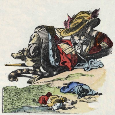 Illustration av berättelsen "Den fruktansvärda Raminagrobis och mössen""" karaktär ritar fabler av Jean de la Fontaine. I "" Sagor från hemmet för de minsta"". Anonym gravyr från 1800-talet. av Unknown artist