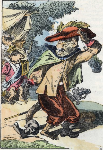 Illustration av berättelsen "Den fruktansvärda Raminagrobis och mössen""" karaktär ritar fabler av Jean de la Fontaine. I "" Sagor från hemmet för de minsta"". Anonym gravyr från 1800-talet. av Unknown artist