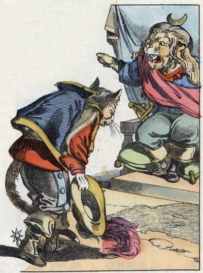 Illustration av berättelsen "Den fruktansvärda Raminagrobis och mössen""" karaktär ritar fabler av Jean de la Fontaine. I "" Sagor från hemmet för de minsta"". Anonym gravyr från 1800-talet. av Unknown artist