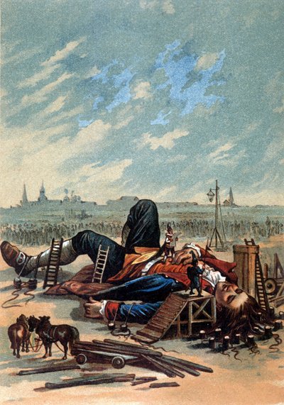 Illustration som visar Lilliputians som fäster Gulliver. Kromolitografi, sd. Sent 1800-tal. av Unknown artist