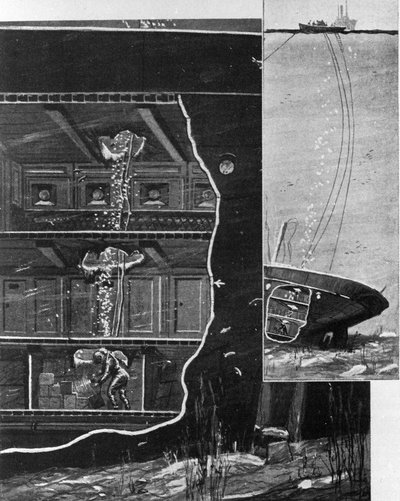 1885 nådde dykaren Alexander Lambert skattkammaren för vraket av "Alfonso XII" i djupet av Kanarieöarna. Period Illustration av Unknown artist