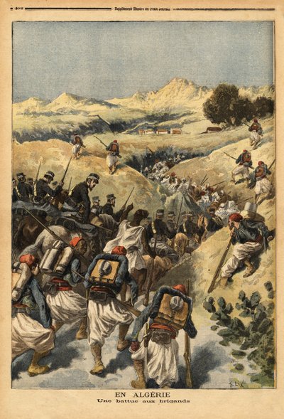 I Algeriet, en bataljon organiserad av en hel bataljon Zouaves, förstärkt av kavalleriet, för att fånga Areski ben Bashir, tre gånger dömd till döden av Algeriets domstol. Gravyr i "" Le petit journal"" 1893-12-23. Selvas samling. av Unknown artist